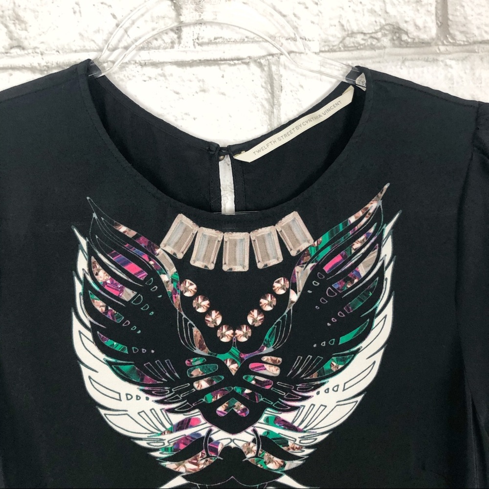 TWELTH STREET CYNTHIA VINCENT Firebird Print Silk Tunic Mini Dress Black Small S - Picture 3 of 5